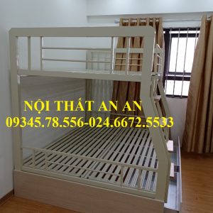 giường tầng màu kem có cốp đồ dùng cho cả gia đình, khỏ to rộng 1m6