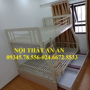 giường tầng màu kem có cốp đồ dùng cho cả gia đình, khỏ to rộng 1m6