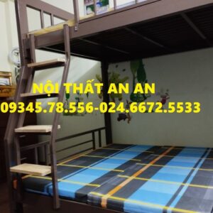 giường sắt 2 tầng màu nâu cafe siêu khỏe, KT 1m2/1m4 dài 2m cầu thang ốp gỗ bền đẹp